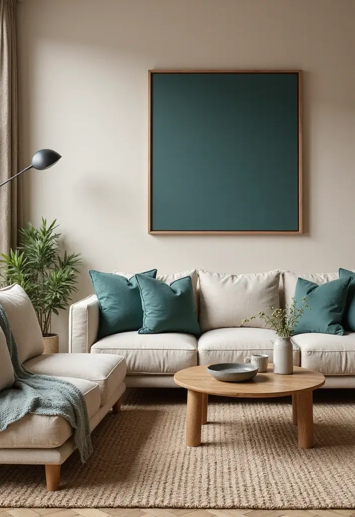 15 Fall Color Palette Ideas That Will Make Your Living Room the Coziest Place This Season! - 9. Neutral Beige and Deep Teal