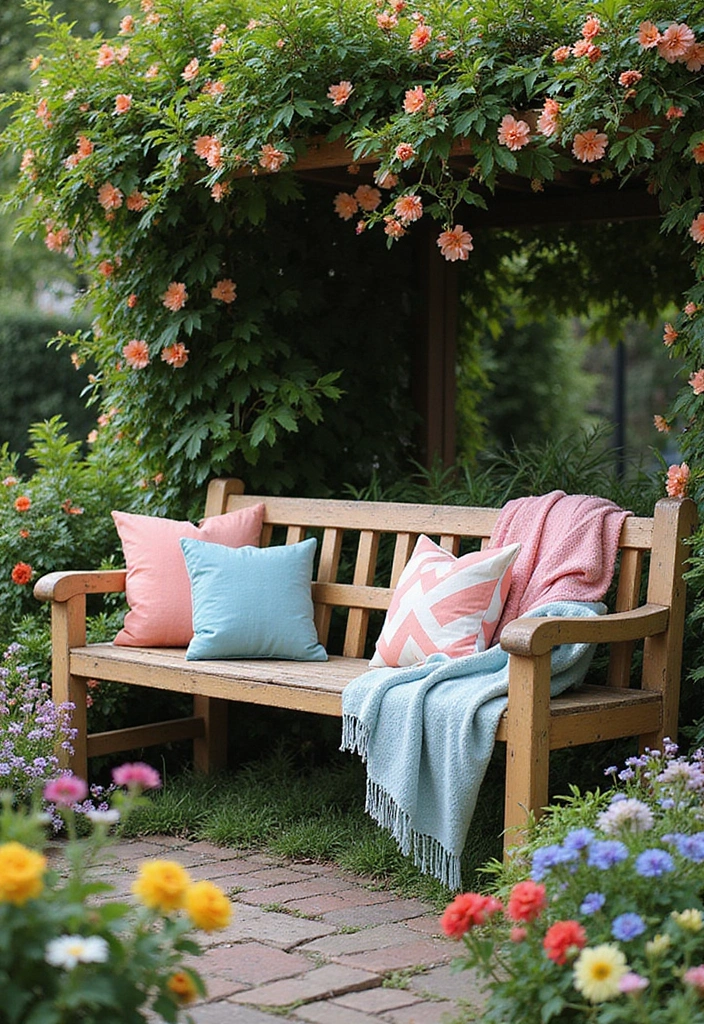 20 Colorful Fall Garden Decor Ideas That Will Brighten Your Days (Check Out #3!) - 10. Colorful Garden Bench