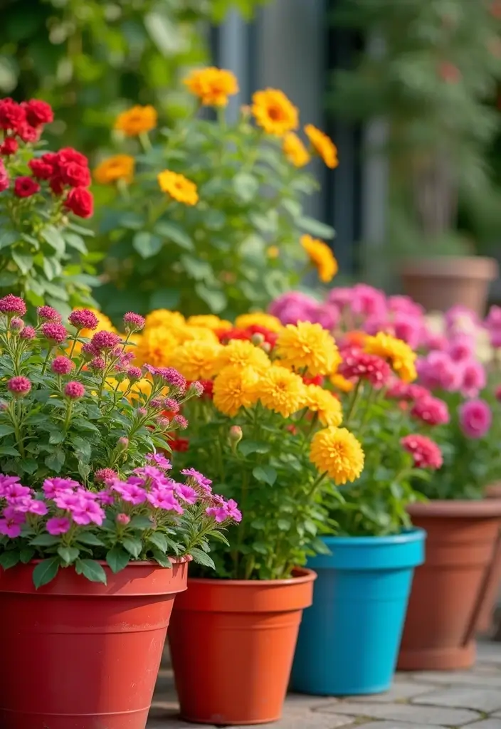 20 Colorful Fall Garden Decor Ideas That Will Brighten Your Days (Check Out #3!) - 12. Brightly Colored Planters