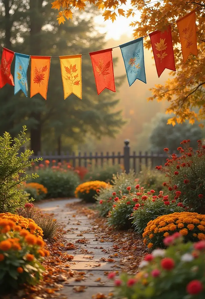 20 Colorful Fall Garden Decor Ideas That Will Brighten Your Days (Check Out #3!) - 5. Fun Garden Flags