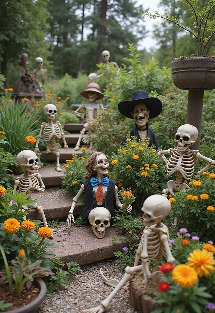 10 Easy Halloween Decorations That'll Make Your Home Spooktacular in Minutes! - 7. Skeletons in the Garden