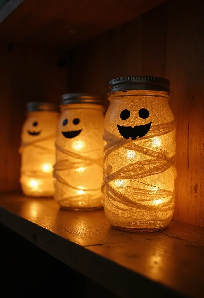 20 Adorable DIY Halloween Decorations That Will Transform Your Room Aesthetic! - 7. Mason Jar Mummy Lights