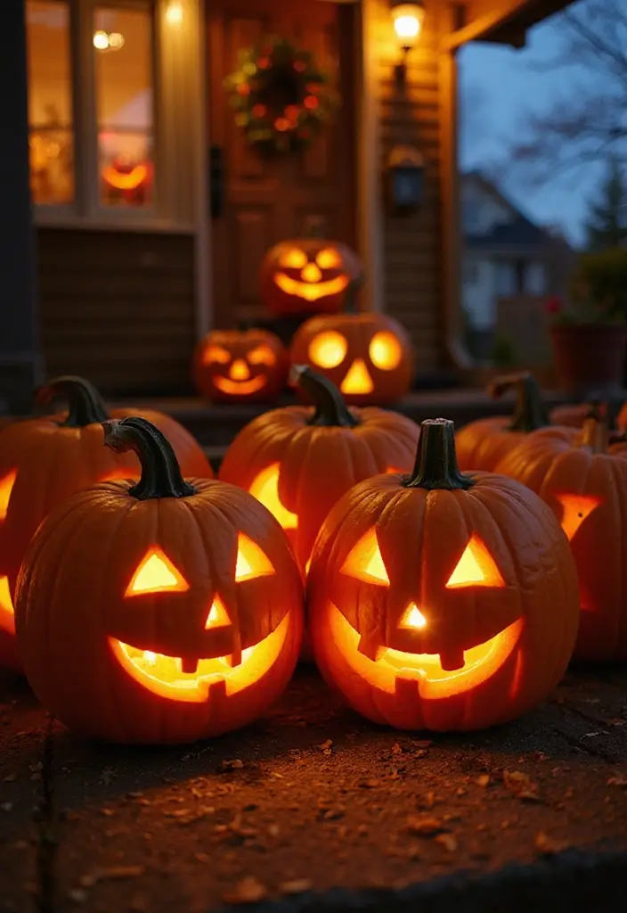 20 Cute Halloween Porch Decorations DIY That Will Make Your Neighbors Jealous! - 17. Jolly Jack-O'-Lanterns