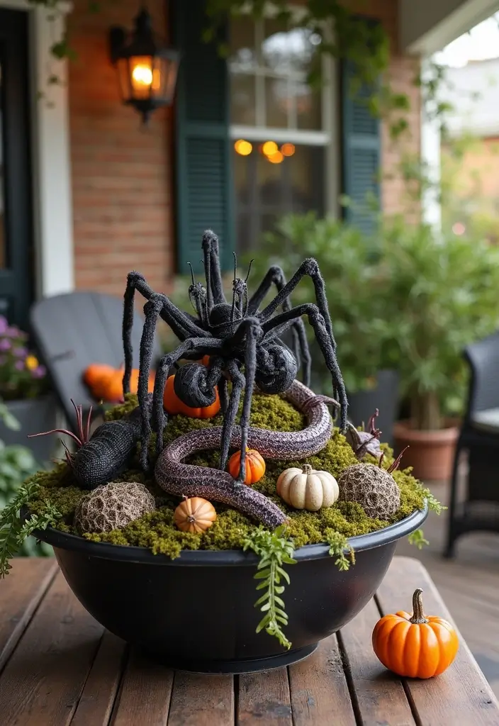 20 Cute Halloween Porch Decorations DIY That Will Make Your Neighbors Jealous! - 18. Creepy Crawly Centerpiece