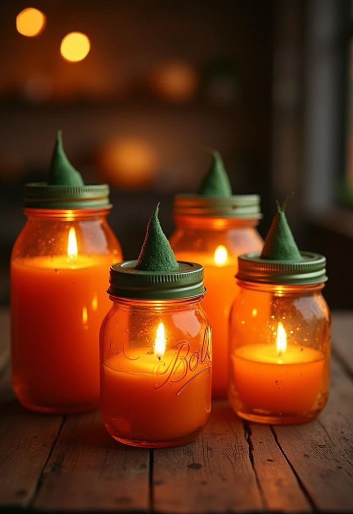 20 Cute and Easy DIY Halloween Decorations That Will Spook Your Friends! - 8. Pumpkin Mason Jar Candles