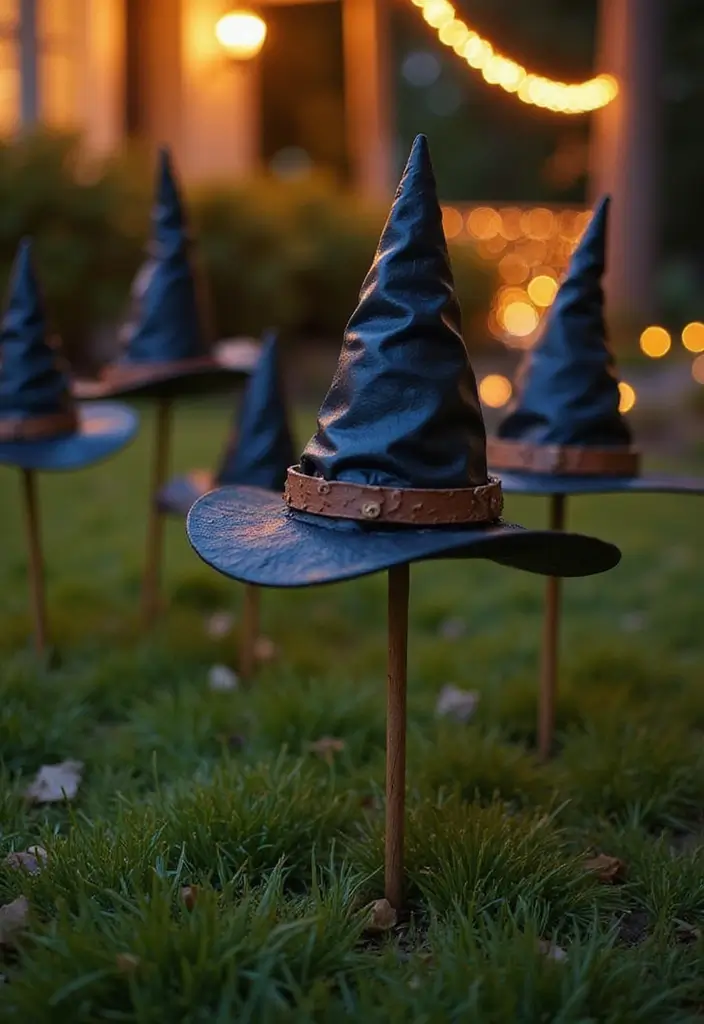 20 Spooktacular Halloween Decoration Ideas That Will Haunt Your Neighbors (You Won't Believe #15!) - 6. Witch Hat Garden Stakes