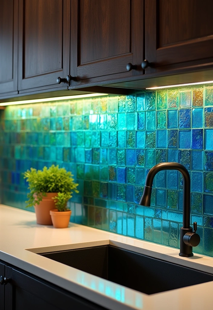 20 Stunning Kitchen Backsplash Ideas for Dark Wood Cabinets (You Won't Believe #9!) - 2. Bold Colored Glass Tiles