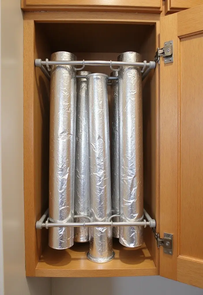 25 DIY Kitchen Cabinet Organization Ideas that Will Change Your Life! - 21. Tension Rod for Kitchen Wraps