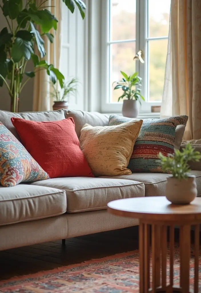 50+ Vibrant Cozy Living Room Ideas for a Fun Atmosphere - 14. Funky Throw Pillows