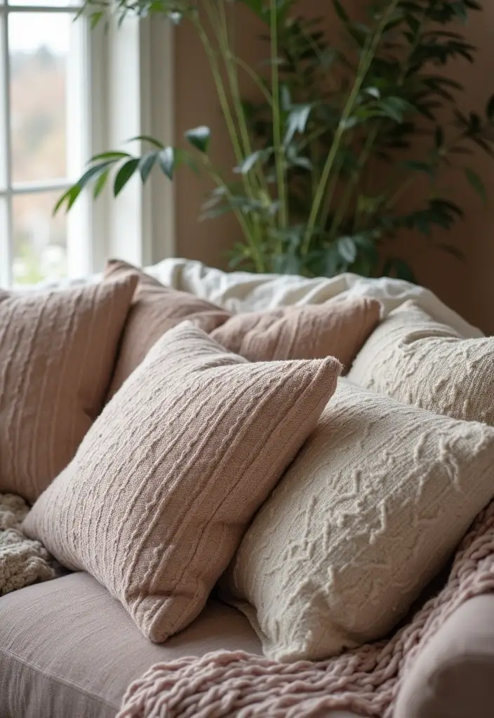 50+ Vibrant Cozy Living Room Ideas for a Fun Atmosphere - 43. Textured Fabrics