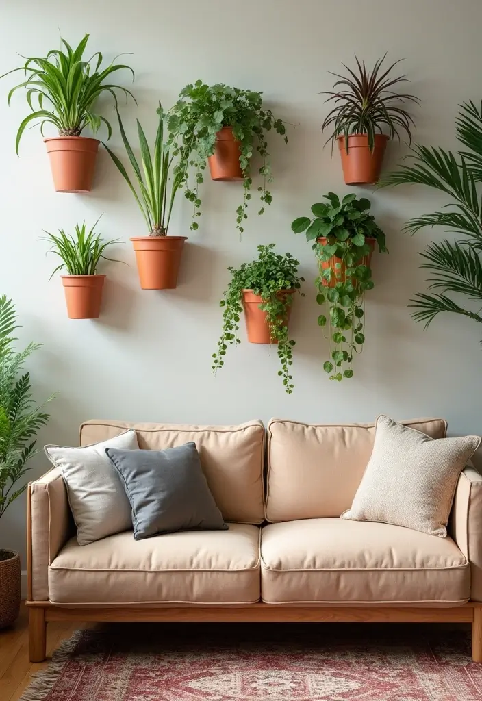 50+ Vibrant Cozy Living Room Ideas for a Fun Atmosphere - 44. Wall-mounted Plants