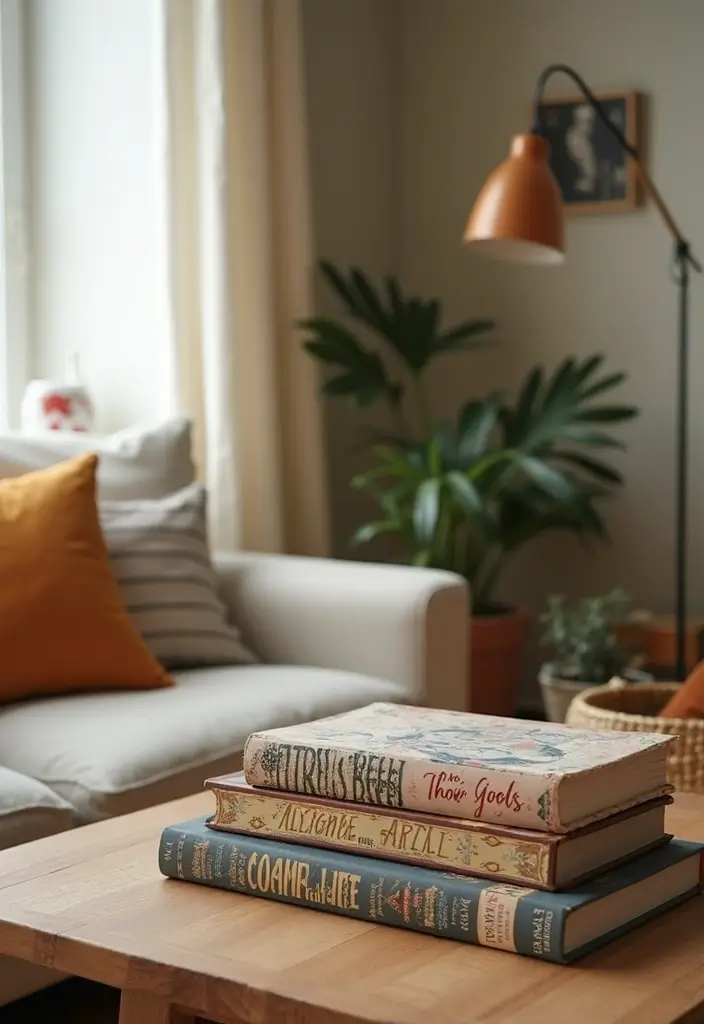 50+ Vibrant Cozy Living Room Ideas for a Fun Atmosphere - 45. Fun Decorative Books