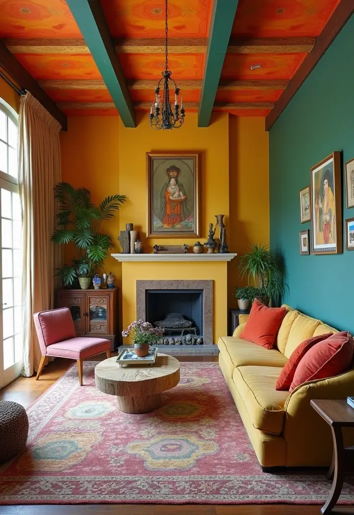 50+ Vibrant Cozy Living Room Ideas for a Fun Atmosphere - 46. Colorful Ceiling Decor