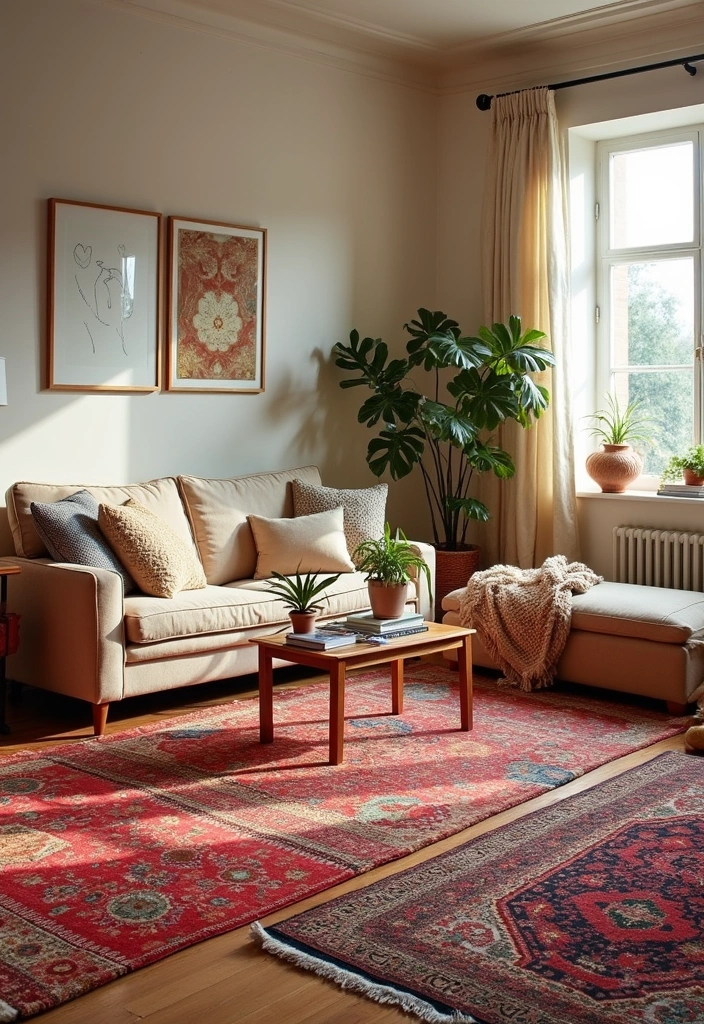 50+ Vibrant Cozy Living Room Ideas for a Fun Atmosphere - 8. Colorful Throw Rugs